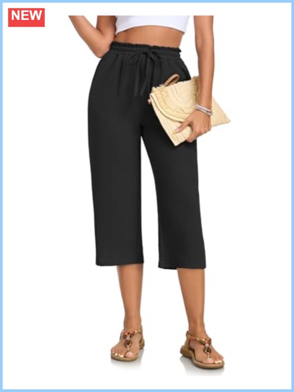 High Waist Capri Palazzo Pants Womens Casual Drawstring Pockets Summer